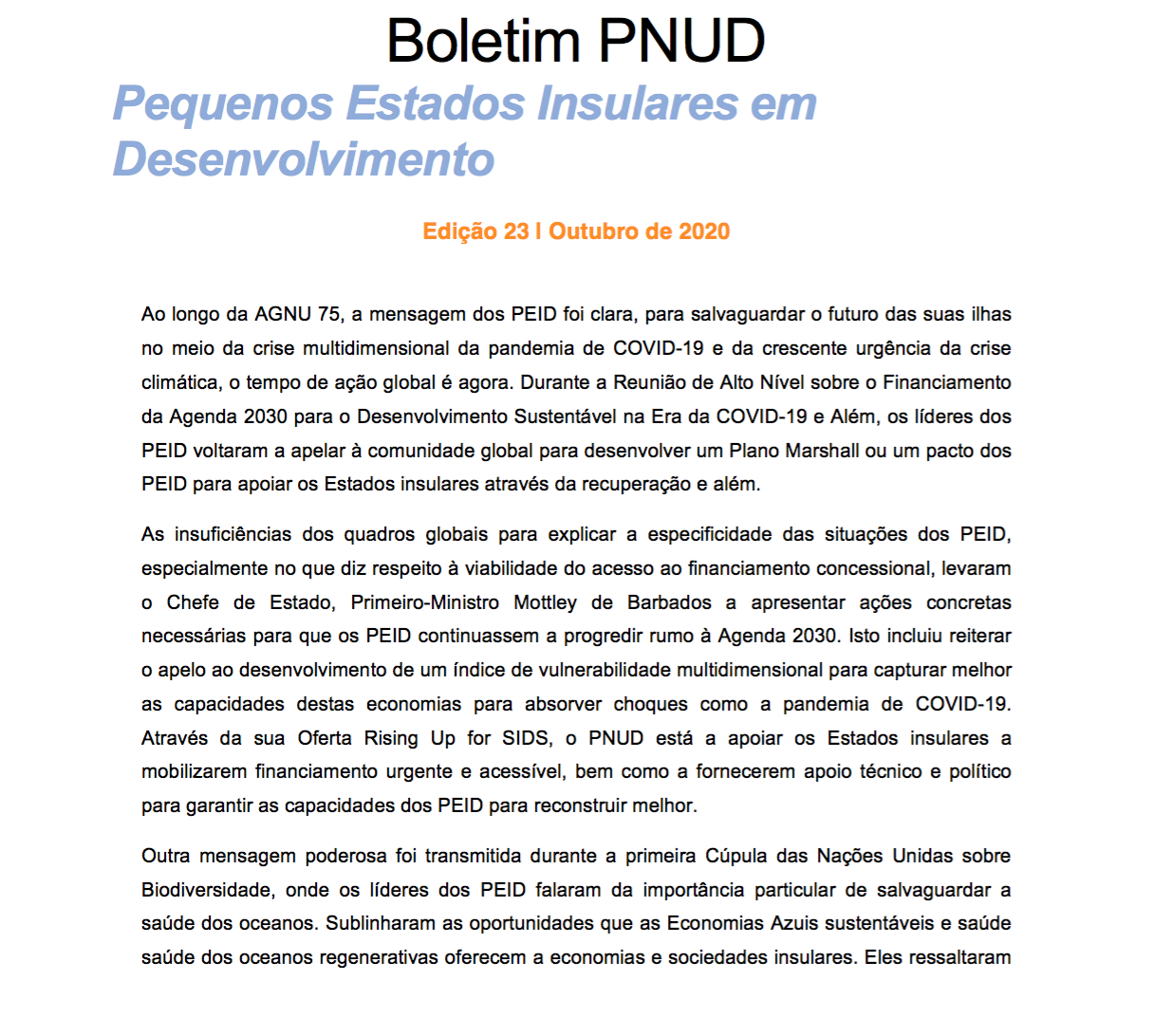 Boletim PNUD - Pequenos Estados Insulares em Desenvolvimento 23-10-2020