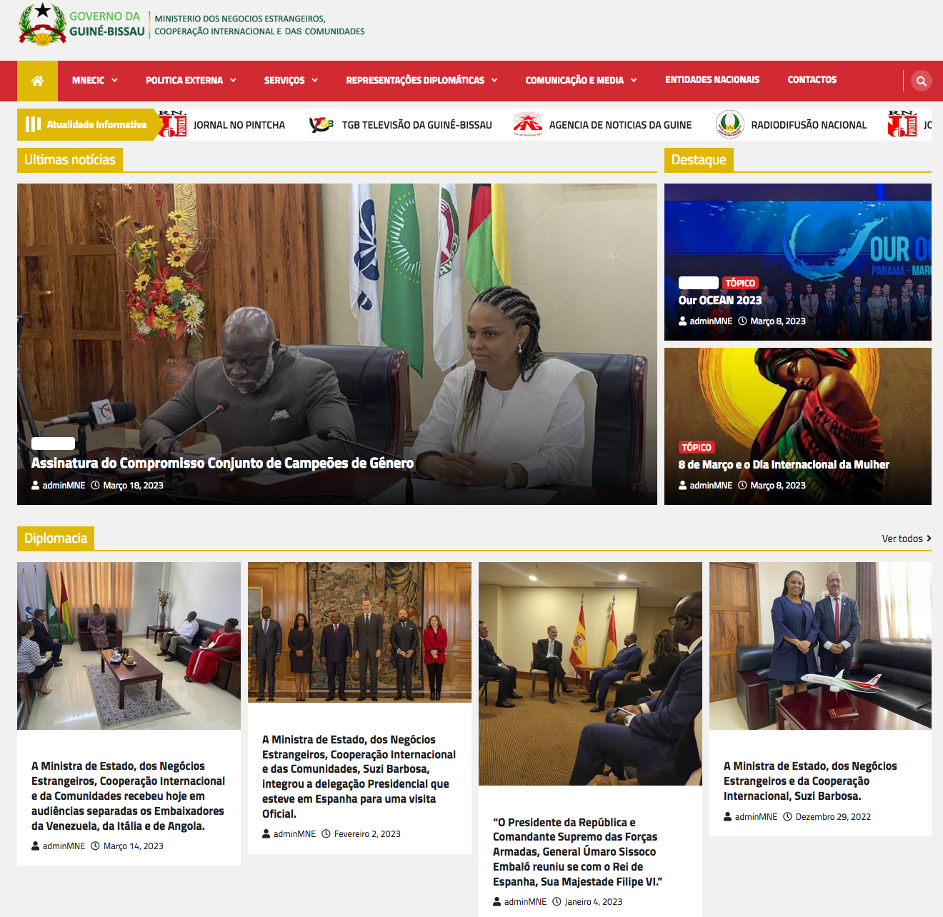 Pagina website do Ministerio dos negocios estrangeiros